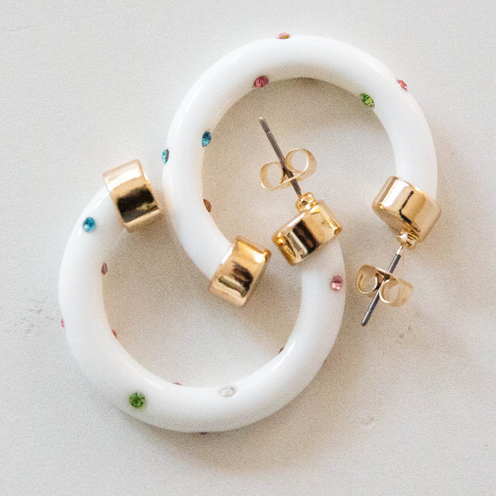 Mini Hoops - White w/ Rainbow Rhinestones