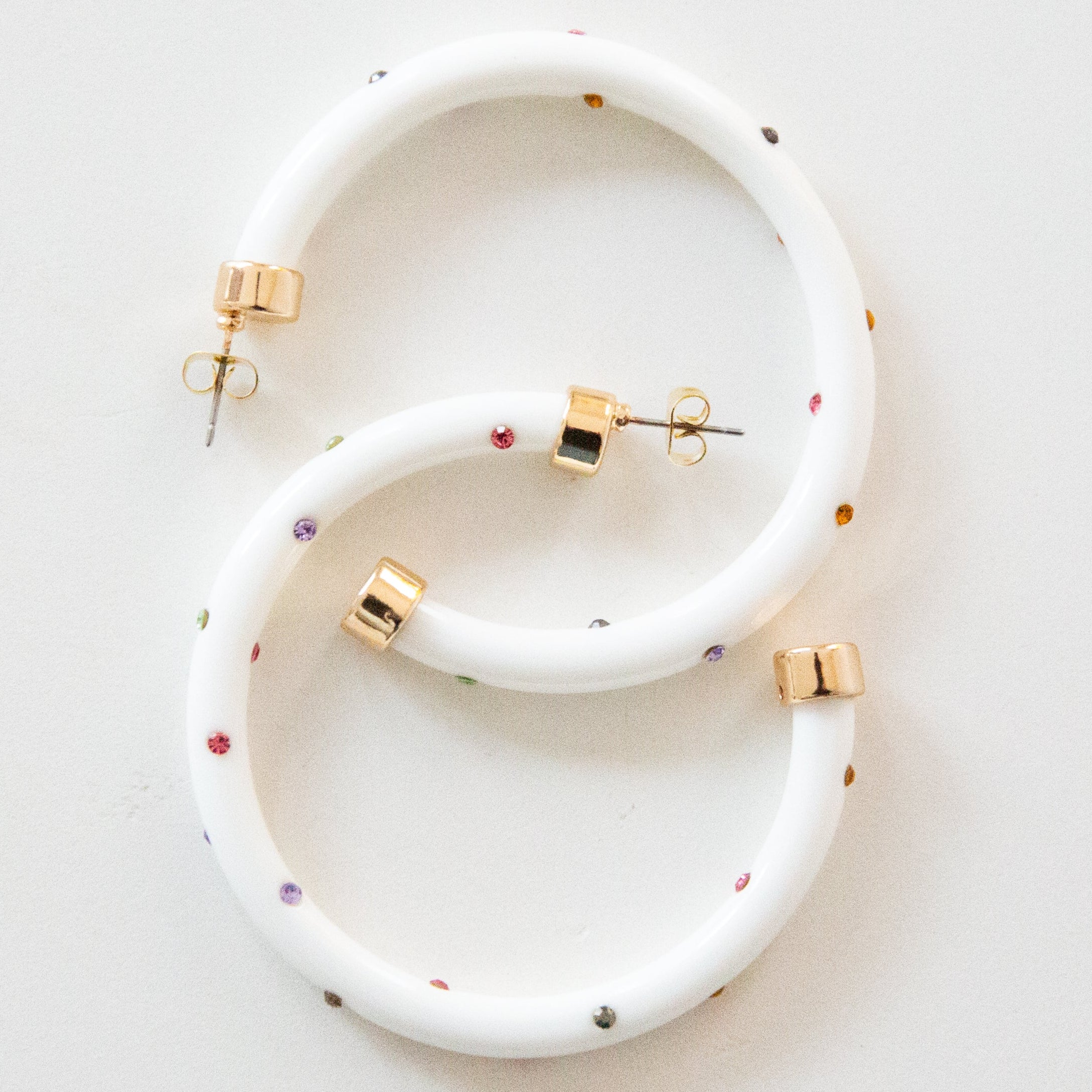 Hoops - White w/ Rainbow Rhinestones