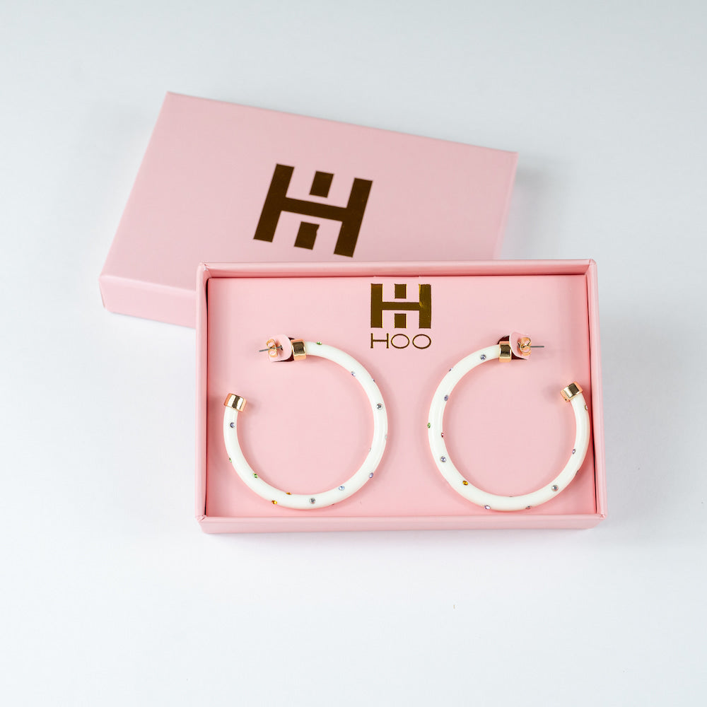 Hoops - White w/ Rainbow Rhinestones